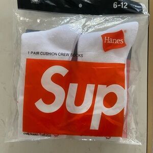 Hanes White Crew Socks with Red Logo